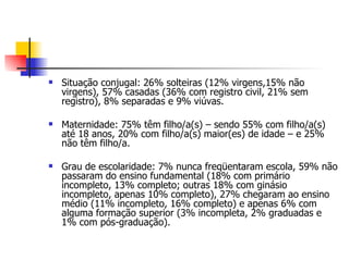Situação conjugal: 26% solteiras (12% virgens,15% não virgens), 57% casadas (36% com registro civil, 21% sem registro), 8% separadas e 9% viúvas. Maternidade: 75% têm filho/a(s) – sendo 55% com filho/a(s) até 18 anos, 20% com filho/a(s) maior(es) de idade – e 25% não têm filho/a. Grau de escolaridade: 7% nunca freqüentaram escola, 59% não passaram do ensino fundamental (18% com primário incompleto, 13% completo; outras 18% com ginásio incompleto, apenas 10% completo), 27% chegaram ao ensino médio (11% incompleto, 16% completo) e apenas 6% com alguma formação superior (3% incompleta, 2% graduadas e 1% com pós-graduação).  