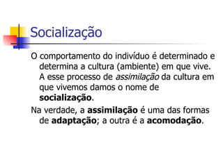 Socialização O comportamento do indivíduo é determinado e determina a cultura (ambiente) em que vive. A esse processo de  assimilação  da cultura em que vivemos damos o nome de  socialização . Na verdade, a  assimilação  é uma das formas de  adaptação ; a outra é a  acomodação . 