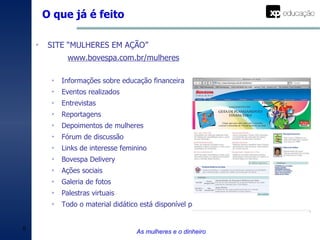 O que já é feito SITE “MULHERES EM AÇÃO”  www.bovespa.com.br/mulheres Informações sobre educação financeira Eventos realizados Entrevistas Reportagens Depoimentos de mulheres Fórum de discussão Links de interesse feminino Bovespa Delivery Ações sociais Galeria de fotos Palestras virtuais Todo o material didático está disponível para download gratuito. As mulheres e o dinheiro 