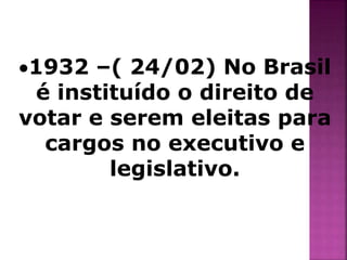 1932 –( 24/02) No Brasil 
é instituído o direito de 
votar e serem eleitas para 
cargos no executivo e 
legislativo. 
 