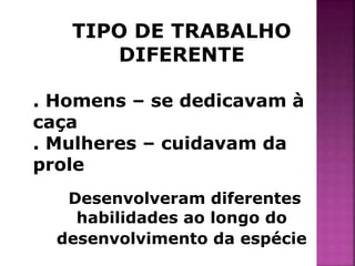 TIPO DE TRABALHO 
DIFERENTE 
. Homens – se dedicavam à 
caça 
. Mulheres – cuidavam da 
prole 
Desenvolveram diferentes 
habilidades ao longo do 
desenvolvimento da espécie 
 