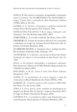 REINVENTADO UM PASSADO: DIVERSIDADE ÉTNICA E SOCIAL...



GÓES, J. R. São muitas as moradas: desigualdade e hierarquia
entre os escravos. In: FLORENTINO, M.; MACHADO, C.
(orgs.). Ensaios sobre a escravidão (I). Belo Horizonte: Editora
UFMG, 2003, p. 201-216.
GOMES, A. C. História e historiadores: a política cultural do
Estado Novo. Rio de Janeiro: FGV Editora, 1996.
GONÇALVES, P. B.; SILVA, V. R. S. (orgs.). Educação e ações
afirmativas, 161-190. Brasília: Inep/MEC, 2003.
GORENDER, J. A escravidão reabilitada. São Paulo: Ática, 1990.
GRINBERG, K. O fiador dos brasileiros: Direito Civil, escravidão
e cidadania no tempo de Antônio Pereira Rebouças. Rio de
Janeiro: Civilização Brasileira, 2002.
GUERREIRO RAMOS, A. Introdução crítica à sociologia brasileira.
Rio de Janeiro: Editorial Andes Limitada, 1957.
GUIMARÃES, A. S. Racismo e anti-racismo no Brasil. São Paulo:
Fundação de Apoio à Universidade de São Paulo: Ed. 34,
1999.
HALL, S. Da diáspora: identidades e mediações culturais.
Belo Horizonte: Editora da UFMG/Brasília: Representação da
UNESCO no Brasil, 2003.
HOLANDA, S. B. de. Cobra de vidro. São Paulo: Editora
Perspectiva, 1978.
IANNI, O. As metamorfoses do escravo: apogeu e crise da
escravatura no Brasil Meridional. São Paulo: DIFEL, 1962.
KARASH, M. A vida dos escravos no Rio de Janeiro: 1808-1850.
São Paulo: Cia. das Letras, 2000.
LIMA, I. S. Cores, marcas e falas: sentidos na mestiçagem no
Império do Brasil. Rio de Janeiro: Arquivo Nacional, 2003.
[3o lugar no Prêmio Nacional de Pesquisa, 2001].
LOVEJOY, P. E. A escravidão na África: uma história das suas
transformações. Rio de Janeiro: Civilização Brasileira, 2002.

                                                             67
 