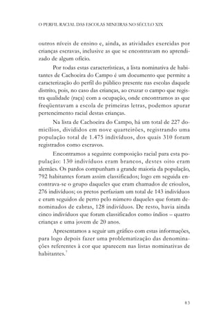 O PERFIL RACIAL DAS ESCOLAS MINEIRAS NO SÉCULO XIX



outros níveis de ensino e, ainda, as atividades exercidas por
crianças escravas, inclusive as que se encontravam no aprendi-
zado de algum ofício.
       Por todas estas características, a lista nominativa de habi-
tantes de Cachoeira do Campo é um documento que permite a
caracterização do perfil do público presente nas escolas daquele
distrito, pois, no caso das crianças, ao cruzar o campo que regis-
tra qualidade (raça) com a ocupação, onde encontramos as que
freqüentavam a escola de primeiras letras, podemos apurar
pertencimento racial destas crianças.
       Na lista de Cachoeira do Campo, há um total de 227 do-
micílios, divididos em nove quarteirões, registrando uma
população total de 1.475 indivíduos, dos quais 310 foram
registrados como escravos.
       Encontramos a seguinte composição racial para esta po-
pulação: 130 indivíduos eram brancos, destes oito eram
alemães. Os pardos compunham a grande maioria da população,
792 habitantes foram assim classificados; logo em seguida en-
contrava-se o grupo daqueles que eram chamados de crioulos,
276 indivíduos; os pretos perfaziam um total de 143 indivíduos
e eram seguidos de perto pelo número daqueles que foram de-
nominados de cabras, 128 indivíduos. De resto, havia ainda
cinco indivíduos que foram classificados como índios – quatro
crianças e uma jovem de 20 anos.
       Apresentamos a seguir um gráfico com estas informações,
para logo depois fazer uma problematização das denomina-
ções referentes à cor que aparecem nas listas nominativas de
habitantes. 7




                                                                83
 