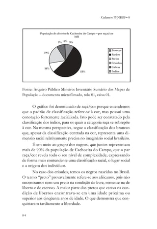Cadernos PENESB • 8




Fonte: Arquivo Público Mineiro: Inventário Sumário dos Mapas de
População – documento microfilmado, rolo 01, caixa 01.

       O gráfico foi denominado de raça/cor porque entendemos
que o padrão de classificação refere-se à cor, mas possui uma
conotação fortemente racializada. Isto pode ser constatado pela
classificação dos índios, para os quais a categoria raça se sobrepõe
à cor. Na mesma perspectiva, segue a classificação dos brancos
que, apesar da classificação centrada na cor, representa uma di-
mensão racial relativamente precisa no imaginário social brasileiro.
       É em meio ao grupo dos negros, que juntos representam
mais de 90% da população de Cachoeira do Campo, que o par
raça/cor revela todo o seu nível de complexidade, expressando
de forma mais contundente uma classificação racial, o lugar social
e a origem dos indivíduos.
       No caso dos crioulos, temos os negros nascidos no Brasil.
O termo “preto” provavelmente refere-se aos africanos, pois não
encontramos nem um preto na condição de livre, somente na de
liberto e de escravo. A maior parte dos pretos que estava na con-
dição de libertos encontrava-se em uma idade próxima ou
superior aos cinqüenta anos de idade. O que demonstra que con-
quistaram tardiamente a liberdade.

84
 