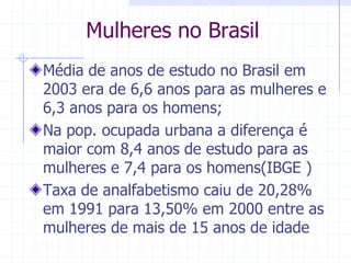 Mulheres no BrasilMédia de anos de estudo no Brasil em 2003 era de 6,6 anos para as mulheres e 6,3 anos para os homens;Na pop. ocupada urbana a diferença é maior com 8,4 anos de estudo para as mulheres e 7,4 para os homens(IBGE )Taxa de analfabetismo caiu de 20,28% em 1991 para 13,50% em 2000 entre as mulheres de mais de 15 anos de idade