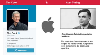 Tim Cook & Alan Turing
Considerado Pai do Computador
Moderno
Em 1952 atos homossexuais eram
ilegais no Reino Unido. Fui punido
com tratamento de castração
química.
 