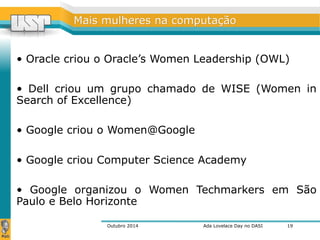 MMaaiiss mmuullhheerreess nnaa ccoommppuuttaaççããoo 
• Oracle criou o Oracle’s Women Leadership (OWL) 
• Dell criou um grupo chamado de WISE (Women in 
Search of Excellence) 
• Google criou o Women@Google 
• Google criou Computer Science Academy 
• Google organizou o Women Techmarkers em São 
Paulo e Belo Horizonte 
Outubro 2014 Ada Lovelace Day no DASI 
19 
 