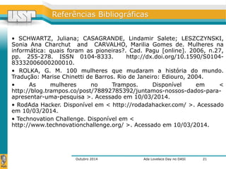 RReeffeerrêênncciiaass BBiibblliiooggrrááffiiccaass 
• SCHWARTZ, Juliana; CASAGRANDE, Lindamir Salete; LESZCZYNSKI, 
Sonia Ana Charchut and CARVALHO, Marilia Gomes de. Mulheres na 
informática: quais foram as pioneiras?. Cad. Pagu [online]. 2006, n.27, 
pp. 255-278. ISSN 0104-8333. http://dx.doi.org/10.1590/S0104- 
83332006000200010. 
• ROLKA, G. M. 100 mulheres que mudaram a história do mundo. 
Tradução: Marise Chinetti de Barros. Rio de Janeiro: Ediouro, 2004. 
• As mulheres no Trampos. Disponível em < 
http://blog.trampos.co/post/78892785392/juntamos-nossos-dados-para-apresentar- 
uma-pesquisa >. Acessado em 10/03/2014. 
• RodAda Hacker. Disponível em < http://rodadahacker.com/ >. Acessado 
em 10/03/2014. 
• Technovation Challenge. Disponível em < 
http://www.technovationchallenge.org/ >. Acessado em 10/03/2014. 
Outubro 2014 Ada Lovelace Day no DASI 
21 
 