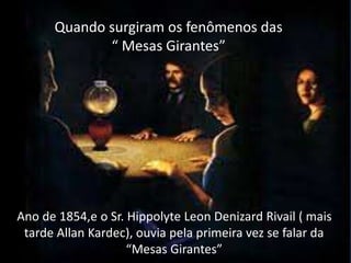 Quando surgiram os fenômenos das
“ Mesas Girantes”
Ano de 1854,e o Sr. Hippolyte Leon Denizard Rivail ( mais
tarde Allan Kardec), ouvia pela primeira vez se falar da
“Mesas Girantes”
 