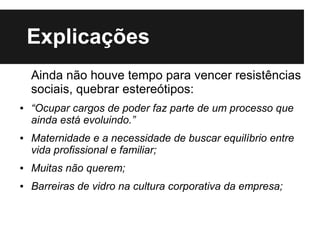 Explicações
    Ainda não houve tempo para vencer resistências
    sociais, quebrar estereótipos:
●   “Ocupar cargos de poder faz parte de um processo que
    ainda está evoluindo.”
●   Maternidade e a necessidade de buscar equilíbrio entre
    vida profissional e familiar;
●   Muitas não querem;
●   Barreiras de vidro na cultura corporativa da empresa;
 