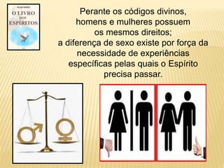 Perante os códigos divinos,
homens e mulheres possuem
os mesmos direitos;
a diferença de sexo existe por força da
necessidade de experiências
específicas pelas quais o Espírito
precisa passar.
 