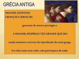 MULHER,ESCRAVOS,
CRIANÇAS E SERVIÇAIS:
gozavam de menos prestígioe
AMULHER,DESPREZO TÃO GRANDEQUE ERA
usada somente a serviço da reprodução da casta grega.
Era tidacomo sem valor, nãoparticipava de nada
 