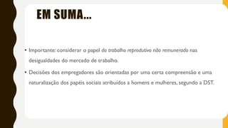 EM SUMA...
• Importante: considerar o papel do trabalho reprodutivo não remunerado nas
desigualdades do mercado de trabalho.
• Decisões dos empregadores são orientadas por uma certa compreensão e uma
naturalização dos papéis sociais atribuídos a homens e mulheres, segundo a DST.
 