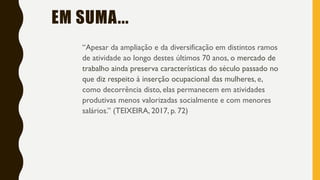EM SUMA...
“Apesar da ampliação e da diversificação em distintos ramos
de atividade ao longo destes últimos 70 anos, o mercado de
trabalho ainda preserva características do século passado no
que diz respeito à inserção ocupacional das mulheres, e,
como decorrência disto, elas permanecem em atividades
produtivas menos valorizadas socialmente e com menores
salários.” (TEIXEIRA, 2017, p. 72)
 