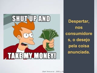 Despertar,
nos
consumidore
s, o desejo
pela coisa
anunciada.
(Sant’ Anna et al. , 2009, p. 60)
 