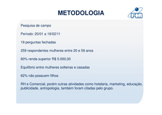 METODOLOGIA
Pesquisa de campo

Período: 20/01 a 19/02/11

19 perguntas fechadas

259 respondentes mulheres entre 20 e 59 anos

60% renda superior R$ 5.000,00

Equilíbrio entre mulheres solteiras e casadas

62% não possuem filhos

RH e Comercial, porém outras atividades como hotelaria, marketing, educação,
publicidade, antropologia, também foram citadas pelo grupo.
 