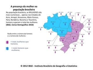 A presença da mulher na
população brasileira
Na população brasileira, as MULHERES são
mais numerosas... apenas nos Estados do
Acre, Amapá, Amazonas, Mato Grosso,
Pará, Rondônia, Roraima e Tocantins,
homens superam o total de mulheres.
(IBGE, Censo Demográfico 2010)
Razão entre o número de homens
e o número de mulheres:
= mais mulheres que
homens.
= mais homens que
mulheres.
© 2012 IBGE - Instituto Brasileiro de Geografia e Estatística
 