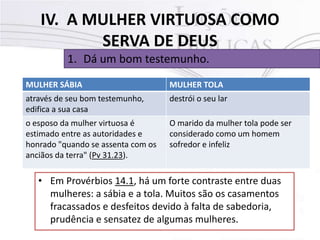 IV. A MULHER VIRTUOSA COMO
SERVA DE DEUS
1. Dá um bom testemunho.
MULHER SÁBIA MULHER TOLA
através de seu bom testemunho,
edifica a sua casa
destrói o seu lar
o esposo da mulher virtuosa é
estimado entre as autoridades e
honrado "quando se assenta com os
anciãos da terra" (Pv 31.23).
O marido da mulher tola pode ser
considerado como um homem
sofredor e infeliz
• Em Provérbios 14.1, há um forte contraste entre duas
mulheres: a sábia e a tola. Muitos são os casamentos
fracassados e desfeitos devido à falta de sabedoria,
prudência e sensatez de algumas mulheres.
 