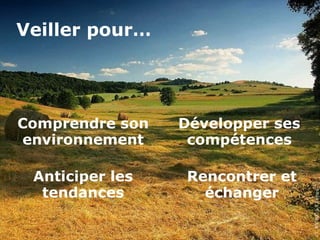 Veiller pour…




Comprendre son   Développer ses
environnement     compétences

 Anticiper les    Rencontrer et




                                  CC BY-NC-SA Rantes, Flickr
  tendances         échanger
 
