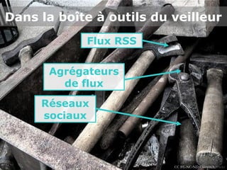 Dans la boîte à outils du veilleur
            Flux RSS


      Agrégateurs
        de flux
     Réseaux
     sociaux



                          CC BY-NC-ND Clairwitch, Flickr
 
