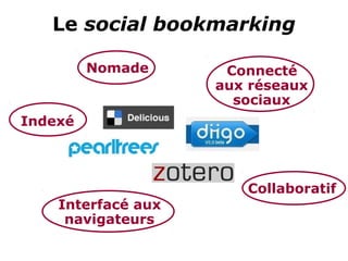 Le social bookmarking

         Nomade      Connecté
                    aux réseaux
                      sociaux
Indexé



                       Collaboratif
    Interfacé aux
     navigateurs
 