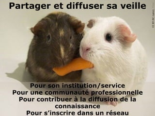 Partager et diffuser sa veille




                                         CC BY-NC ryancr, Flickr
     Pour son institution/service
Pour une communauté professionnelle
  Pour contribuer à la diffusion de la
             connaissance
    Pour s’inscrire dans un réseau
 