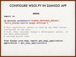 CONFIGURE WSGI.PY IN DJANGO APP
import os
os.environ.setdefault("DJANGO_SETTINGS_MODULE",
"hello_django.mysite.myapp.setti...