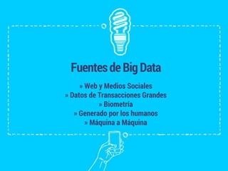 FuentesdeBigData
» Web y Medios Sociales
» Datos de Transacciones Grandes
» Biometría
» Generado por los humanos
» Máquina a Máquina
 