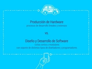 Producción de Hardware
procesos de desarrollo lineales y extensos
vs.
Diseño y Desarrollo de Software
ciclos cortos y modulares
con soporte de distintos tipos de diseñadores y programadores
 