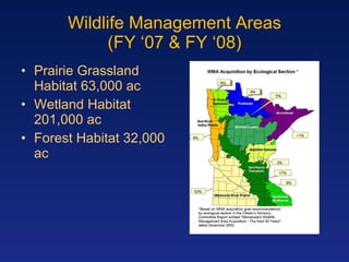 Wildlife Management Areas (FY ‘07 & FY ‘08) Prairie Grassland Habitat 63,000 ac Wetland Habitat 201,000 ac Forest Habitat 32,000 ac 