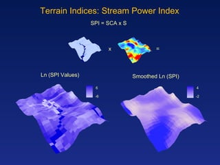 Terrain Indices: Stream Power Index Ln (SPI Values) Smoothed Ln (SPI) -6 6 -2 4 SPI = SCA x S x = 