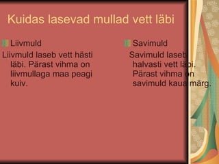 Kuidas lasevad mullad vett läbi Liivmuld Liivmuld laseb vett hästi läbi. Pärast vihma on liivmullaga maa peagi kuiv. Savimuld  Savimuld laseb halvasti vett läbi. Pärast vihma on savimuld kaua märg.  