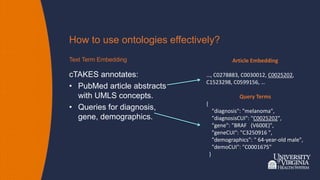 How to use ontologies effectively?
Text Term Embedding
cTAKES annotates:
• PubMed article abstracts
with UMLS concepts.
• ...