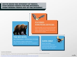 GET TO KNOW THE INTERNET OF THINGS:
STOP MAKING THINGS FOR THE INTERNET,
START MAKING THINGS OUT OF THE INTERNET

FOCUSED
FUNCTION DEVICES:
Small & nimble: just try to do one thing well Think: “The Smart Home” filled with smart
lamps, heating, locks, stereos, cameras etc
that all work in concert

THE BIG BOYS:
BIG COMPANIES + OPERATING SYSTEMS
TVs, computers, laptops, mobile phones,
tablets - increasingly forming “clans”/ ecosystems

DATA ONLY
Worker bees (WIFI)
Production bees (barcodes)
Interactive bees (data sensors)
Only really useful in swarms

SOURCES/ REFERENCES
Scott Jenson (@scottjenson) - blog post where he talks about bears, bats and bees: http://designmind.frogdesign.com/blog/author/beyond-mobile/
Ben Malbon of Google Creative Labs fame also talks about this (@malbonnington)
http://www.web-strategist.com/blog/2013/03/13/altimeters-take-the-technologies-that-matter-from-sxsw-2013/

 