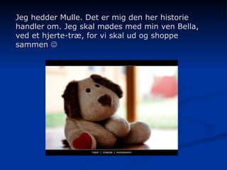 Jeg hedder Mulle. Det er mig den her historie handler om. Jeg skal mødes med min ven Bella, ved et hjerte-træ, for vi skal ud og shoppe sammen   