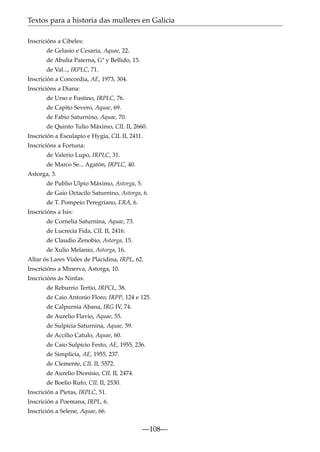 Textos para a historia das mulleres en Galicia
Inscricións a Cibeles:
de Gelasio e Cesaria, Aquae, 22.
de Abulia Paterna, Gª y Bellido, 15.
de Val..., IRPLC, 71.
Inscrición a Concordia, AE, 1973, 304.
Inscricións a Diana:
de Urso e Fustino, IRPLC, 76.
de Capito Severo, Aquae, 69.
de Fabio Saturnino, Aquae, 70.
de Quinto Tulio Máximo, CIL II, 2660.
Inscrición a Esculapio e Hygia, CIL II, 2411.
Inscricións a Fortuna:
de Valerio Lupo, IRPLC, 31.
de Marco Se... Agatón, IRPLC, 40.
Astorga, 3.
de Publio Ulpio Máximo, Astorga, 5.
de Gaio Octacilo Saturnino, Astorga, 6.
de T. Pompeio Peregriano, ERA, 6.
Inscricións a Isis:
de Cornelia Saturnina, Aquae, 73.
de Lucrecia Fida, CIL II, 2416.
de Claudio Zenobio, Astorga, 15.
de Xulio Melanio, Astorga, 16.
Altar ós Lares Viales de Placidina, IRPL, 62.
Inscricións a Minerva, Astorga, 10.
Inscricións ás Ninfas:
de Reburrio Tertio, IRPCL, 38.
de Caio Antonio Floro, IRPP, 124 e 125.
de Calpurnia Abana, IRG IV, 74.
de Aurelio Flavio, Aquae, 55.
de Sulpicia Saturnina, Aquae, 59.
de Accilio Catulo, Aquae, 60.
de Caio Sulpicio Festo, AE, 1955, 236.
de Simplicia, AE, 1955, 237.
de Clemente, CIL II, 5572.
de Aurelio Dionisio, CIL II, 2474.
de Boelio Rufo, CIL II, 2530.
Inscrición a Pietas, IRPLC, 51.
Inscrición a Poemana, IRPL, 6.
Inscrición a Selene, Aquae, 66.

—108—

 