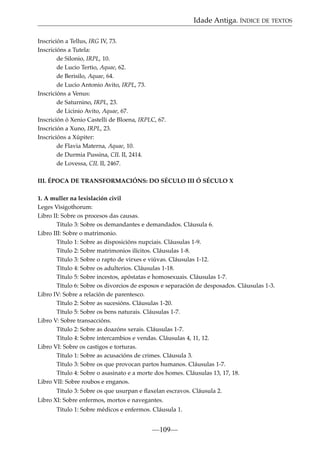Idade Antiga. ÍNDICE DE TEXTOS
Inscrición a Tellus, IRG IV, 73.
Inscricións a Tutela:
de Silonio, IRPL, 10.
de Lucio Tertio, Aquae, 62.
de Berisilo, Aquae, 64.
de Lucio Antonio Avito, IRPL, 73.
Inscricións a Venus:
de Saturnino, IRPL, 23.
de Licinio Avito, Aquae, 67.
Inscrición ó Xenio Castelli de Bloena, IRPLC, 67.
Inscrición a Xuno, IRPL, 23.
Inscricións a Xúpiter:
de Flavia Materna, Aquae, 10.
de Durmia Pussina, CIL II, 2414.
de Lovessa, CIL II, 2467.
III. ÉPOCA DE TRANSFORMACIÓNS: DO SÉCULO III Ó SÉCULO X
1. A muller na lexislación civil
Leges Visigothorum:
Libro II: Sobre os procesos das causas.
Título 3: Sobre os demandantes e demandados. Cláusula 6.
Libro III: Sobre o matrimonio.
Título 1: Sobre as disposicións nupciais. Cláusulas 1-9.
Título 2: Sobre matrimonios ilícitos. Cláusulas 1-8.
Título 3: Sobre o rapto de virxes e viúvas. Cláusulas 1-12.
Título 4: Sobre os adulterios. Cláusulas 1-18.
Título 5: Sobre incestos, apóstatas e homosexuais. Cláusulas 1-7.
Título 6: Sobre os divorcios de esposos e separación de desposados. Cláusulas 1-3.
Libro IV: Sobre a relación de parentesco.
Título 2: Sobre as sucesións. Cláusulas 1-20.
Título 5: Sobre os bens naturais. Cláusulas 1-7.
Libro V: Sobre transaccións.
Título 2: Sobre as doazóns xerais. Cláusulas 1-7.
Título 4: Sobre intercambios e vendas. Cláusulas 4, 11, 12.
Libro VI: Sobre os castigos e torturas.
Título 1: Sobre as acusacións de crimes. Cláusula 3.
Título 3: Sobre os que provocan partos humanos. Cláusulas 1-7.
Título 4: Sobre o asasinato e a morte dos homes. Cláusulas 13, 17, 18.
Libro VII: Sobre roubos e enganos.
Título 3: Sobre os que usurpan e ﬂaxelan escravos. Cláusula 2.
Libro XI: Sobre enfermos, mortos e navegantes.
Título 1: Sobre médicos e enfermos. Cláusula 1.

—109—

 