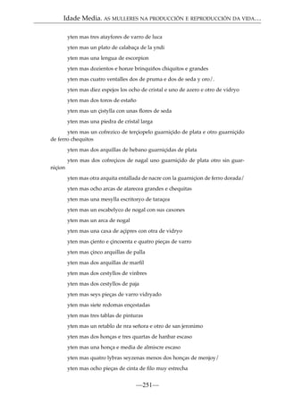 Idade Media. AS MULLERES NA PRODUCCIÓN E REPRODUCCIÓN DA VIDA…
yten mas tres atayfores de varro de luca
yten mas un plato de calabaça de la yndi
yten mas una lengua de escorpion
yten mas dozientos e honze brinquiños chiquitos e grandes
yten mas cuatro ventalles dos de pruma e dos de seda y oro/.
yten mas diez espejos los ocho de cristal e uno de azero e otro de vidryo
yten mas dos toros de estaño
yten mas un çistylla con unas ﬂores de seda
yten mas una piedra de cristal larga
yten mas un cofrezico de terçiopelo guarniçido de plata e otro guarniçido
de ferro chequitos
yten mas dos arquillas de hebano guarniçidas de plata
yten mas dos cofreçicos de nagal uno guarniçido de plata otro sin guarniçion
yten mas otra arquita entallada de nacre con la guarniçion de ferro dorada/
yten mas ocho arcas de atarecea grandes e chequitas
yten mas una mesylla escritoryo de taraçea
yten mas un escabelyco de nogal con sus caxones
yten mas un arca de nogal
yten mas una caxa de açipres con otra de vidryo
yten mas çiento e çincoenta e quatro pieças de varro
yten mas çinco arquillas de palla
yten mas dos arquillas de marﬁl
yten mas dos cestyllos de vinbres
yten mas dos cestyllos de paja
yten mas seys pieças de varro vidryado
yten mas siete redomas ençestadas
yten mas tres tablas de pinturas
yten mas un retablo de nra señora e otro de san jeronimo
yten mas dos honças e tres quartas de hanbar escaso
yten mas una honça e media de almiscre escaso
yten mas quatro lybras seyzenas menos dos honças de menjoy/
yten mas ocho pieças de cinta de ﬁlo muy estrecha

—251—

 