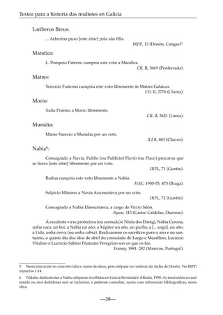 Textos para a historia das mulleres en Galicia
Lariberus Breus:
... Aeburina puxo [este altar] pola súa ﬁlla.
IRPP, 13 (Donón, Cangas)5.

Mandica:
L. Pompeio Paterno cumpriu este voto a Mandica.
CIL II, 5669 (Ponferrada).

Matres:
Terencio Fraterno cumpriu este voto libremente ás Matres Galaicas.
CIL II, 2776 (Clunia).

Mocio:
Xulia Praenia a Mocio libremente.
CIL II, 5621 (Limia).

Munidia:
Manio Varecro a Munidia por un voto.
ILER, 883 (Chaves).

Nabia6:
Consagrado a Navia, Publio (ou Publicio) Flavio (ou Flaco) procurou que
se ﬁxera [este altar] libremente por un voto.
IRPL, 71 (Guntín).
Ruﬁna cumpriu este voto libremente a Nabia.
HAE, 1950-55, 473 (Braga).
Sulpicio Máximo a Navia Arconunieca por un voto.
IRPL, 72 (Guntín).
Consagrado a Nabia Elaesurraeca, a cargo de Viccio Silón.
Aquae, 115 (Castro Caldelas, Ourense).
Á excelente virxe protectora (ou cornuda) e Ninfa dos Danigi, Nabia Corona,
unha vaca, un boi; a Nabia un año; a Xúpiter un año, un pucho; a […urgo], un año;
a Lida, unha cerva (ou unha cabra). Realizaranse os sacriﬁcos para o ano e no santuario, o quinto día dos idos de abril do consulado de Largo e Mesallino, Lucrecio
Vitulino e Lucrecio Sabino Póatumo Peregrino son os que os fan.
Tranoy, 1981: 282 (Marecos, Portugal).

5 Nesta inscrición en concreto falta o nome do deus, pero atópase no contexto do facho de Donón. Ver IRPP,
números 1-14.
6 Tódalas dedicatorias a Nabia atópanse recollidas en García Fernández-Albalat, 1990. As inscricións en mal
estado ou moi dubidosas non se incluíron, e pódense consultar, xunto coas referencias bibliográﬁcas, nesta
obra.

—38—

 