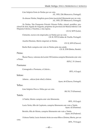 Idade Antiga. ÉPOCA PRERROMANA E ROMANA
Caio Sulpicio Festo ás Ninfas por un voto.
AE, 1955, 236 (Moncorvo, Portugal).
Ás deusas Ninfas, Simplicia puxo [esta inscrición] libremente por un voto.
AE, 1955, 237 (Moncorvo, Portugal).
Ás Ninfas, Tito Pomponio Próculo Vitrasio Pollio, cónsul, pontíﬁce, procónsul de Asia, legado de Augusto, propretor da provincia de Moesia Inferior e de
Hispania Citerior, e Faustina, a súa esposa.
CIL II, 5679 (León).
Clemente, escravo do emperador, ás Ninfas por un voto.
CIL II, 5572 (Caldas de Vizella, Portugal).
Aurelio Dionisio, liberto imperial, ás Ninfas.
CIL II, 2474 (Chaves).
Boelio Rufo cumpriu este voto ás Ninfas pola súa saúde.
CIL II, 2530 (Baños, Bande).

Pietas:
Xunio Flacco, veterano da Lexión VII Gemina cumpriu libremente este voto
a Pietas.
IRPLC, 51 (Ames).

Poemana:
Consagrado a Poemana, o Colexio...
IRPL, 6 (Lugo).

Selene:
Adaeso... adicou [este altar] a Selene.
Aquae, 66 (Chaves, Portugal).

Tellus:
Gaio Sulpicio Flavo a Tellus por un voto.
IRG IV, 73 (Ourense).

Tutela:
A Tutela, Silonio cumpriu este voto libremente.
IRPL, 10 (Lugo).
Lucio Tertio, ﬁllo de Capitonis, cumpriu libremente este voto a Tutela.
Aquae, 62 (Ourense).
Berisilo, ﬁllo de Silonis, cumpriu libremente este voto a Tutela.
Aquae, 64 (Paderne).
Á deusa Tutela, Lucio Antonio Avito cos seus ﬁllos e Zósima, liberta, por un
voto.
IRPL, 73 (Lugo).

—45—

 