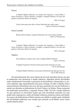 Textos para a historia das mulleres en Galicia
Venus:
A Xúpiter Óptimo Máximo?, ós numina dos Augustos, a Xuno Raíña, a
Venus Victoriosa, a África Caelestis, a Frugifer, a Augusta Emérita e ós Lares dos
galaicos, Saturnino, liberto de Augusto.
IRPL, 23 (Lugo).
Licinio Avito puxo este altar a Venus Vencedora por unha visión.
Aquae, 67 (Chaves, Portugal).

Xenio Castelli:
Bloena, ﬁlla de Sabino, cumpriu libremente este voto ó Xenio Castelli.
IRPLC, 67 (Ponteceso).

Xuno:
A Xúpiter Óptimo Máximo?, ós numina dos Augustos, a Xuno Raíña, a
Venus Victoriosa, a África Caelestis, a Frugifer, a Augusta Emérita e ós Lares dos
galaicos, Saturnino, liberto de Augusto.
IRPL, 23 (Lugo).

Xúpiter:
Flavia Materna cumpriu estes votos a Xúpiter Óptimo Máximo.
Aquae, 10 (Verín).
A Xúpiter Expiatorio, Durmia Pussina puxo [este altar] por un voto.
CIL II, 2414 (Braga).
A Xúpiter Óptimo Máximo, Lovessa puxo libremente este altar por un voto.
CIL II, 2467 (Chaves).

Na meirande parte dos casos trátase de novo de mencións únicas, nas que
os dedicantes non pertencen ó medio indíxena. Algunhas destas divindades
están simplemente marcando a presencia de funcionarios relacionados co servicio imperial, algo especialmente claro para Astorga. O culto a Xúpiter ofrece
numerosísimos testemuños (uns cen, dos que soamente tres son de mulleres), e
tamén son abondas as dedicatorias ós Lares Viales e ás Ninfas. Diana soamente
ten dedicantes masculinos, e segundo Tranoy (1981: 313-14) o medio indíxena
no que aparecen as inscricións supón que esta divindade asociada coa caza
podía estar superposta a unha divindade indíxena protectora desta actividade.
A escaseza de dedicatorias ó Marte romano sen súbida se explica pola vitalidade
das divindades indíxenas cun contido que coincide co de Marte, como vimos
cando falamos delas.
—46—

 