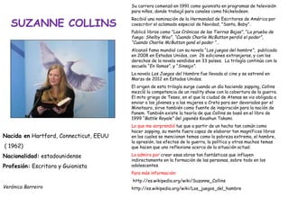 SUZANNE COLLINS
Su carrera comenzó en 1991 como guionista en programas de televisión
para niños, donde trabajó para canales como Nickelodeon.
Recibió una nominación de la Hermandad de Escritores de América por
coescribir el aclamado especial de Navidad, "Santa, Baby".
Publicó libros como ”Las Crónicas de las Tierras Bajas”, “La prueba de
fuego: Shelby Woo”, “Cuando Charlie McButton perdió el poder”,
“Cuando Charlie McButton ganó el poder “…
Alcanzó fama mundial con su novela “Los juegos del hambre”, publicada
en 2008 en Estados Unidos, con 26 ediciones extranjeras, y con los
derechos de la novela vendidos en 33 países. La trilogía continúa con la
secuela “En llamas”, y “Sinsajo”.
La novela Los Juegos del Hambre fue llevada al cine y se estrenó en
Marzo de 2012 en Estados Unidos.
El origen de esta trilogía surge cuando un día haciendo zapping, Collins
mezcló la competencia de un reality show con la cobertura de la guerra.
El mito griego de Teseo, en el que la ciudad de Atenas se vio obligada a
enviar a los jóvenes y a las mujeres a Creta para ser devorados por el
Minotauro, sirve también como fuente de inspiración para la nación de
Panem. También existe la teoría de que Collins se basó en el libro de
1999 “Battle Royale” del japonés Koushun Takami.
Lo que me sorprendió fue que a partir de un hecho tan común como
hacer zapping, su mente fuera capaz de elaborar tan magníficos libros
en los cuales se mencionan temas como la pobreza extrema, el hambre,
la opresión, los efectos de la guerra, la política y otros muchos temas
que hacen que uno reflexione acerca de la situación actual.
La admiro por crear esas obras tan fantásticas que influyen
indirectamente en la formación de las personas, sobre todo en los
adolescentes.
Para más información:
http://es.wikipedia.org/wiki/Suzanne_Collins
http://es.wikipedia.org/wiki/Los_juegos_del_hambre
Nacida en Hartford, Connecticut, EEUU
( 1962)
Nacionalidad: estadounidense
Profesión: Escritora y Guionista
Verónica Barreiro
 