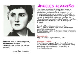 ÁNGELES ALVARIÑO
Tras estudar en Santiago de Compostela e en Madrid,
comenzou a investigar en Vigo, no Instituto Español de
Oceanografía, especializándose en zooplancto. En 1956,
trasladouse a Massachusetts, realizando investigacións no
"Instituto Oceanográfico Woods Hole"; e logo no "Instituto
Scripps de Oceanografía", en La Jolla, California, e no
"Servizo Nacional (estadounidense) de Pesca Marítima". Foi a
primeiro muller científica, nun barco de investigación
británico.
Descubriu 22 especies de organismos mariños.
En 2001 gañou ou premio L'Oreal-UNESCO a amoleceres
científicas latinoamericanas.
En 2009 gañou un premio en México de ciencias e tecnoloxía
entreoutros moitos.
Para saber máis:
http://pt.wikipedia.org/wiki/Mayana_Zatz
Chamounos a atención:
Que vivira en varios países: Israel, Francia, Inglaterra.... e
que dende a súa infancia xa tiña claro que quería ser bióloga.
e que fora primeiro muller científica, nun barco de
investigación británico.
Naceu en 1916 en Serantes (Ferrol)
Nacionalidade:Española
Profesión:especializada en Ciencias
Naturais.
Sergio, Álvaro e Manuel
 