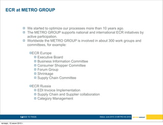 ECR at METRO GROUP


                          We started to optimize our processes more than 10 years ago.
                          The METRO GROUP supports national and international ECR initiatives by
                           active participation.
                          Worldwide the METRO GROUP is involved in about 300 work groups and
                           committees, for example:

                             ECR      Europe
                                     Executive Board
                                     Business Information Committee
                                     Consumer Shopper Committee
                                     Forum Group
                                     Shrinkage
                                     Supply Chain Committee

                             ECR      Russia
                                     EDI Invoice Implementation
                                     Supply Chain and Supplier collaboration
                                     Category Management




                    14
                     MADE TO TRADE.                                             Status: June 2010 | © METRO AG 2010


четверг, 10 июня 2010 г.
 