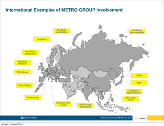 International Examples of METRO GROUP Involvement



                                                     On Shelf                                                         Enabling
                                                    Availability                                                    Technologies


                                        Logistics




                           Anti theft
                           protection


                  Building
                  Brands


                 Shrinkage
                                                                                                                          RFID


                                                                                                                          GDS
                  Food Safety

                                                                                                                 Category
                                                                                                                Management

                            Couponing                                                                          EPC Task
                                                                                                                Force
                                                    Efficient Unit
                                                        Loads        Shelf ready
                                                                     packaging




                    15
                     MADE TO TRADE.                                                Status: June 2010 | © METRO AG 2010


четверг, 10 июня 2010 г.
 