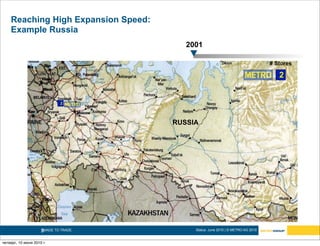 Reaching High Expansion Speed:
    Example Russia
                                          2001

                                                                                  # Stores

                                                                                     2


                              2




                                       RUSSIA




                     5MADE TO TRADE.        Status: June 2010 | © METRO AG 2010


четверг, 10 июня 2010 г.
 
