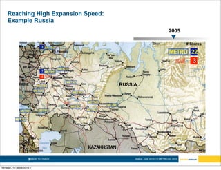Reaching High Expansion Speed:
    Example Russia
                                                                       2005

                                                                                  # Stores
                              3

                                                                                    22
                                                                                     3
                              7

                              2


                                       RUSSIA




                     9MADE TO TRADE.        Status: June 2010 | © METRO AG 2010


четверг, 10 июня 2010 г.
 
