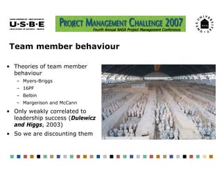 Team member behaviour

• Theories of team member
  behaviour
   – Myers-Briggs
   – 16PF
   – Belbin
   – Margerison and M...