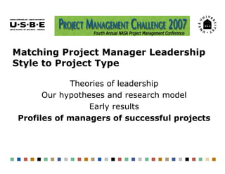 Matching Project Manager Leadership
Style to Project Type

            Theories of leadership
      Our hypotheses and res...