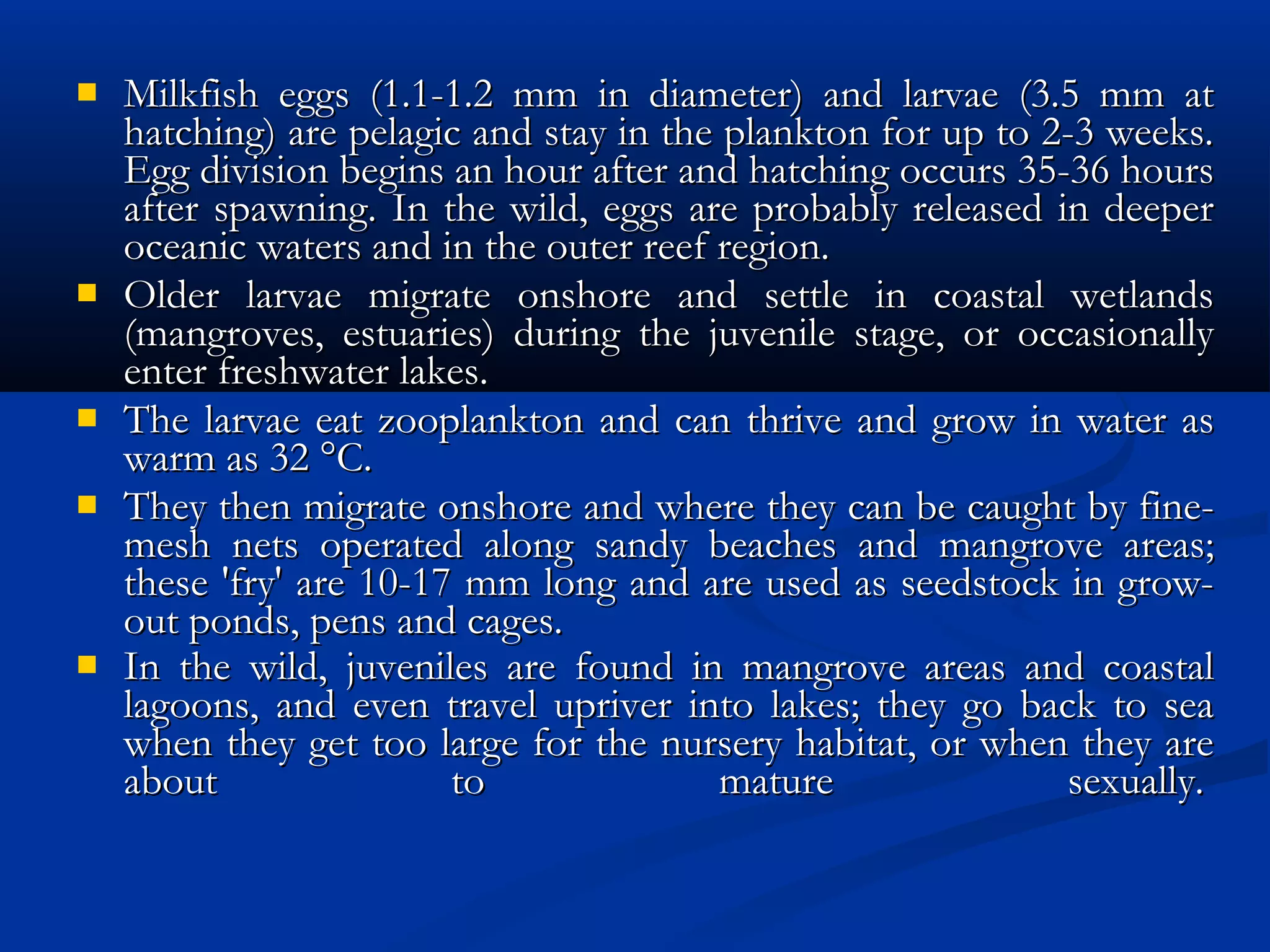  Milkfish eggs (1.1-1.2 mm in diameter) and larvae (3.5 mm atMilkfish eggs (1.1-1.2 mm in diameter) and larvae (3.5 mm at
hatching) are pelagic and stay in the plankton for up to 2-3 weeks.hatching) are pelagic and stay in the plankton for up to 2-3 weeks.
Egg division begins an hour after and hatching occurs 35-36 hoursEgg division begins an hour after and hatching occurs 35-36 hours
after spawning. In the wild, eggs are probably released in deeperafter spawning. In the wild, eggs are probably released in deeper
oceanic waters and in the outer reef region.oceanic waters and in the outer reef region.
 Older larvae migrate onshore and settle in coastal wetlandsOlder larvae migrate onshore and settle in coastal wetlands
(mangroves, estuaries) during the juvenile stage, or occasionally(mangroves, estuaries) during the juvenile stage, or occasionally
enter freshwater lakes.enter freshwater lakes.
 The larvae eat zooplankton and can thrive and grow in water asThe larvae eat zooplankton and can thrive and grow in water as
warm as 32 °C.warm as 32 °C.
 They then migrate onshore and where they can be caught by fine-They then migrate onshore and where they can be caught by fine-
mesh nets operated along sandy beaches and mangrove areas;mesh nets operated along sandy beaches and mangrove areas;
these 'fry' are 10-17 mm long and are used as seedstock in grow-these 'fry' are 10-17 mm long and are used as seedstock in grow-
out ponds, pens and cages.out ponds, pens and cages.
 In the wild, juveniles are found in mangrove areas and coastalIn the wild, juveniles are found in mangrove areas and coastal
lagoons, and even travel upriver into lakes; they go back to sealagoons, and even travel upriver into lakes; they go back to sea
when they get too large for the nursery habitat, or when they arewhen they get too large for the nursery habitat, or when they are
about to mature sexually. about to mature sexually. 
 